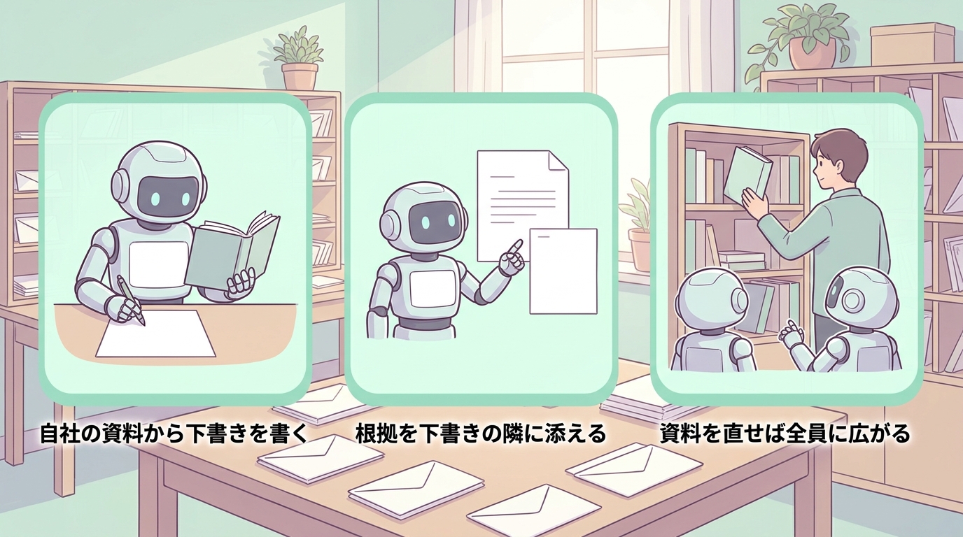 自社の資料から下書きを書く、根拠を下書きの隣に添える、資料を直せば全員に広がるという3つの場面を3枚のパネルで並べた図。