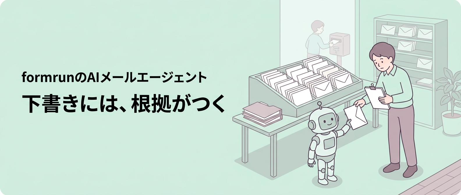 会社の郵便コーナーで、小さなAIロボットが手紙とクリップで留めた紙を重ねて差し出し、担当者が受け取って見比べている様子。奥では人が郵便ポストに手紙を投函している。