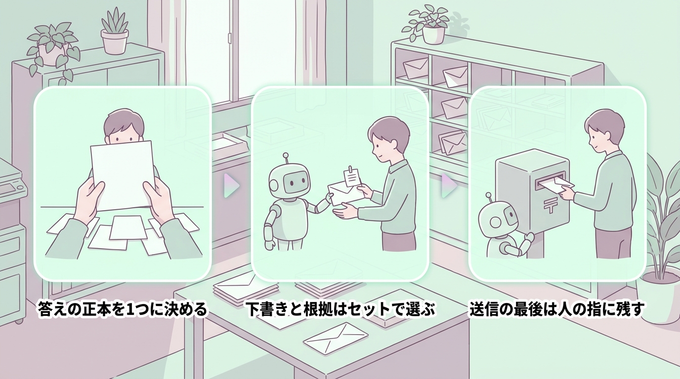 答えの正本を1つに決める、下書きと根拠はセットで選ぶ、送信の最後は人の指に残すという3つの場面を3枚のパネルで並べた図。