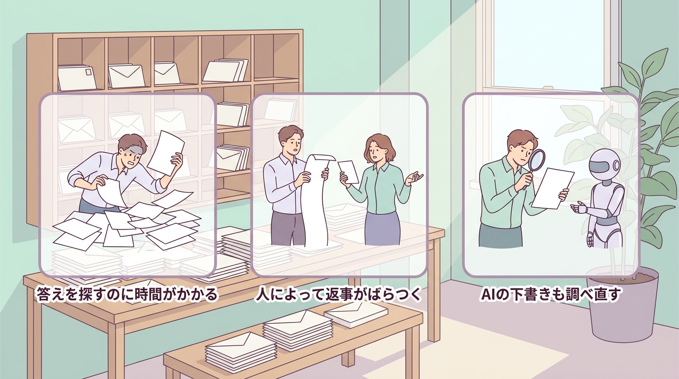 答えを探すのに時間がかかる、人によって返事がばらつく、AIの下書きも調べ直すという3つの場面を3枚のパネルで並べた図。