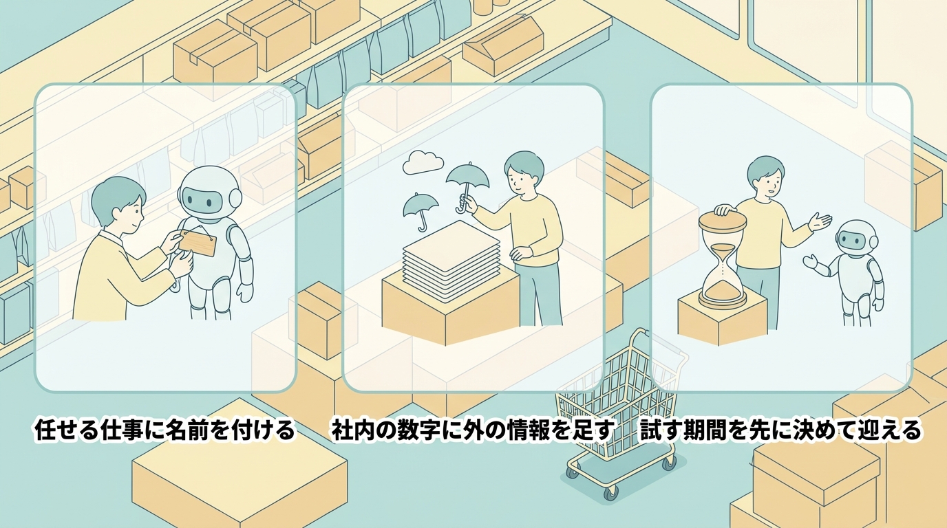 任せる仕事に名前を付ける、社内の数字に外の情報を足す、試す期間を先に決めて迎えるという3つの場面を3枚のパネルで並べた図。