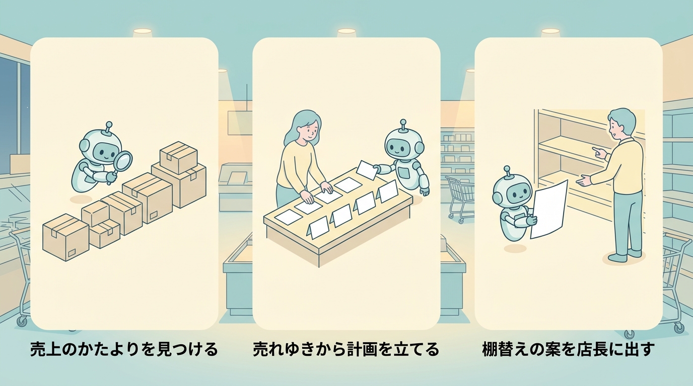売上のかたよりを見つける、売れゆきから計画を立てる、棚替えの案を店長に出すという3つの場面を3枚のパネルで並べた図。