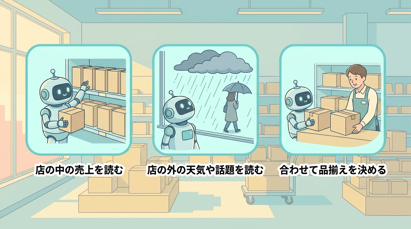 店の中の売上を読む、店の外の天気や話題を読む、合わせて品揃えを決めるという3つの場面を3枚のパネルで並べた図。