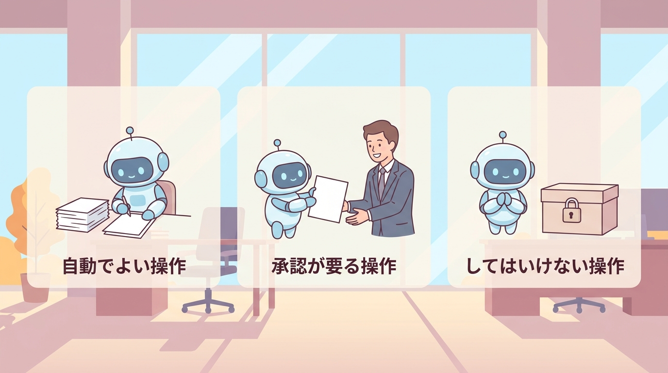 自動でよい操作・承認が要る操作・してはいけない操作——dotsのルール設定にならった操作の3区分を表したイラスト