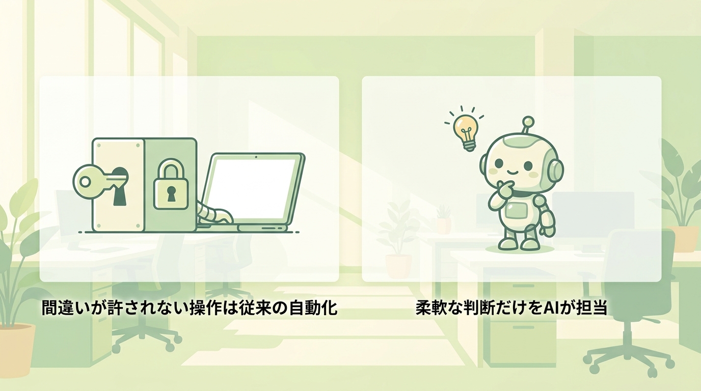 間違いが許されない操作は従来の自動化、柔軟な判断だけをAIが担当——palton AIの役割分離を表した対比イラスト
