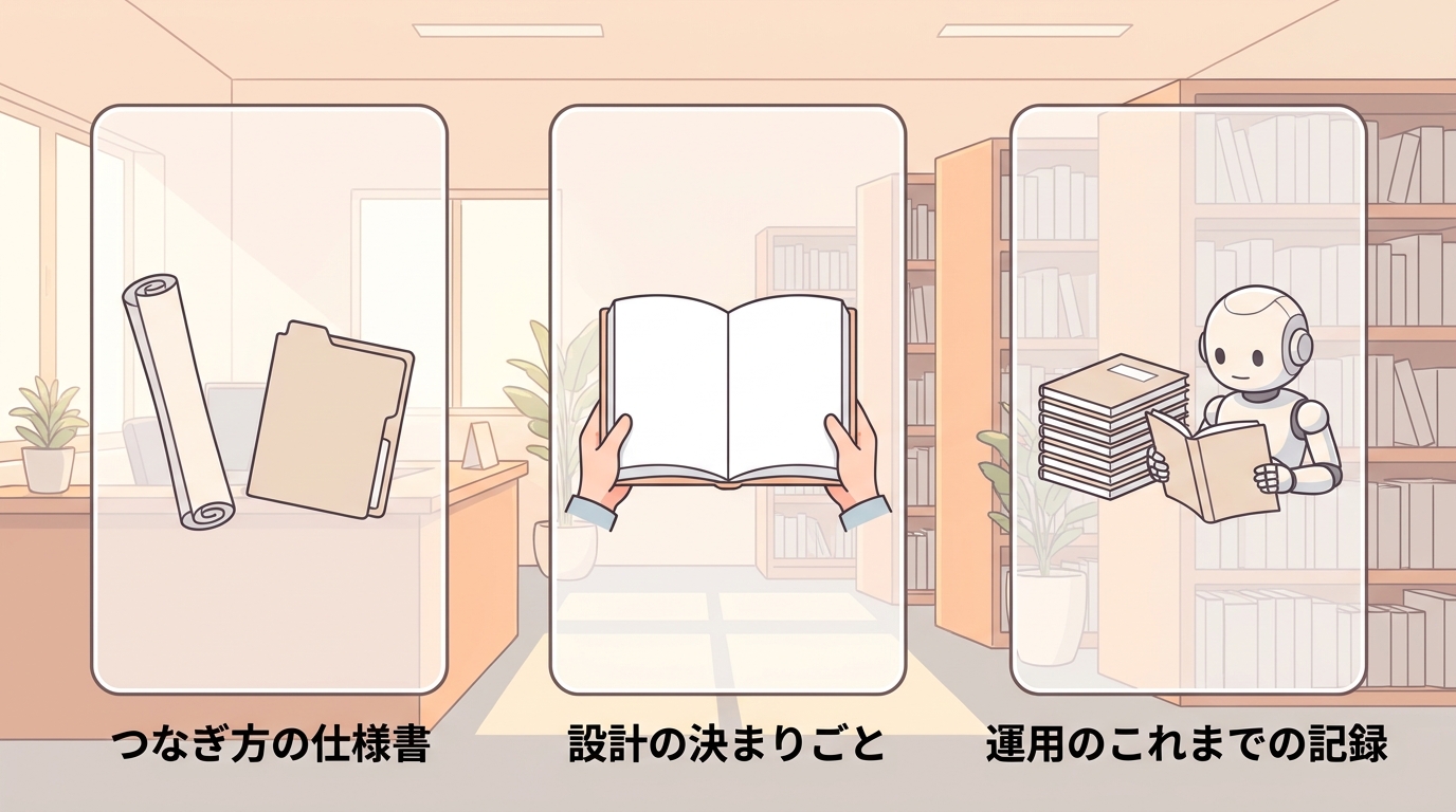 つなぎ方の仕様書、設計の決まりごと、運用のこれまでの記録という3つの資料を3枚のパネルで並べた図。