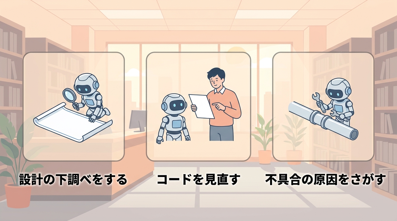 設計の下調べをする、コードを見直す、不具合の原因をさがすという3つの場面を3枚のパネルで並べた図。