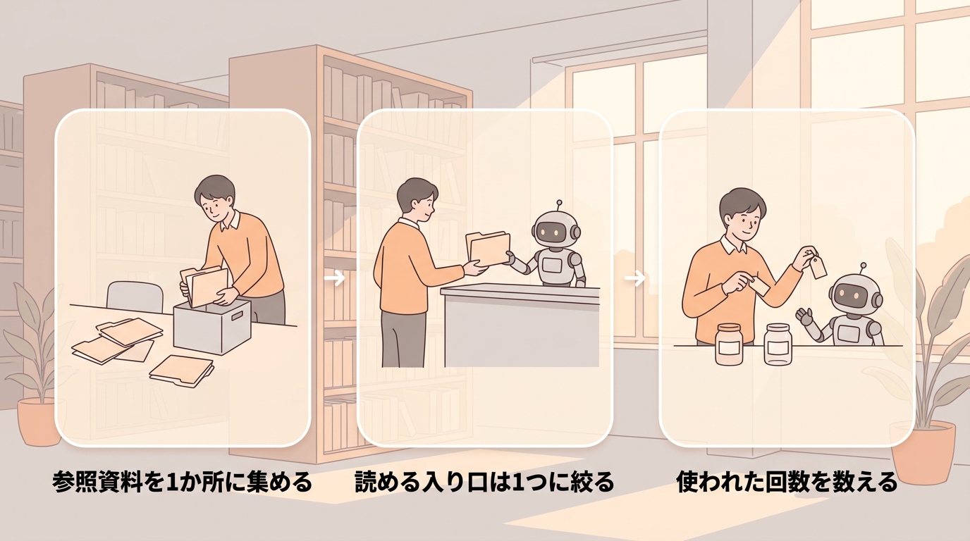 参照資料を1か所に集める、読める入り口は1つに絞る、使われた回数を数えるという3つの場面を3枚のパネルで並べた図。