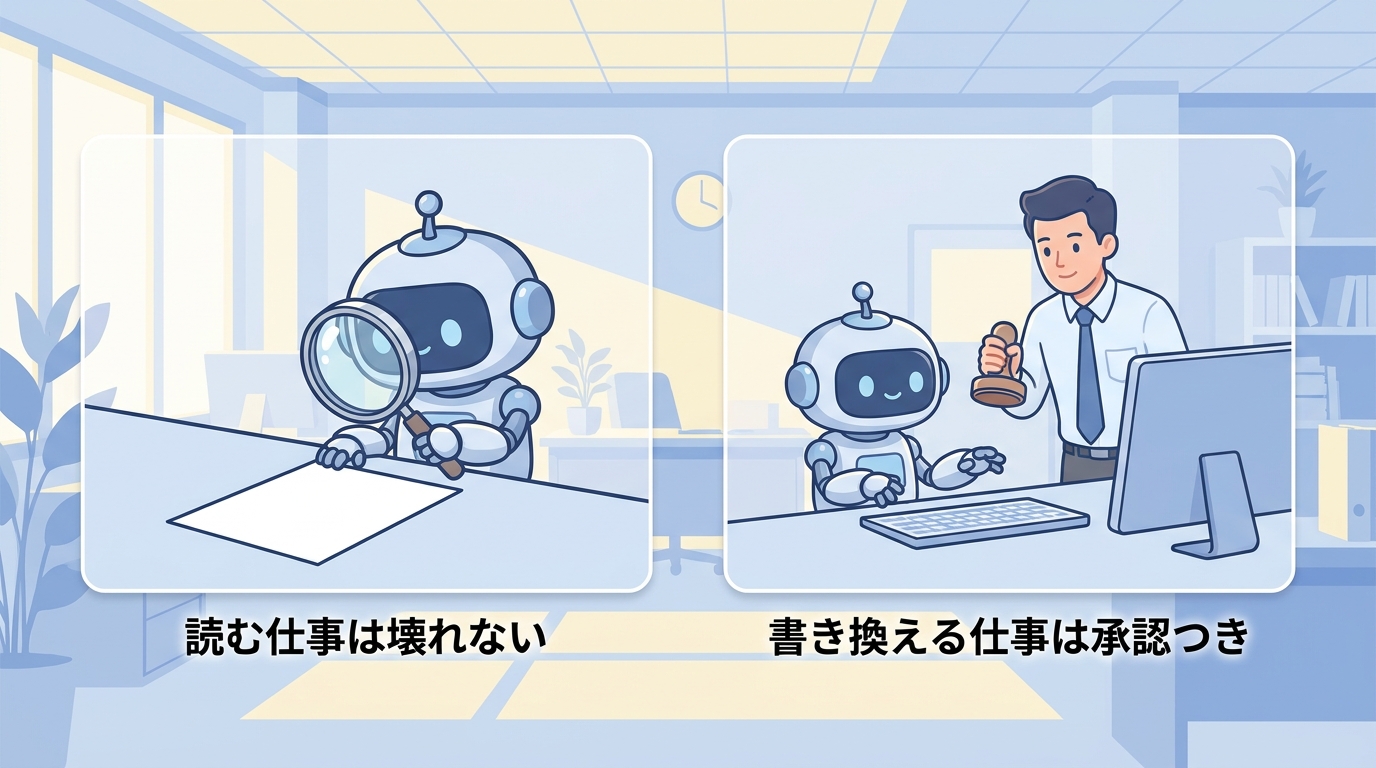 読む仕事は壊れない、書き換える仕事は承認つき——目の仕事と手の仕事の対比図
